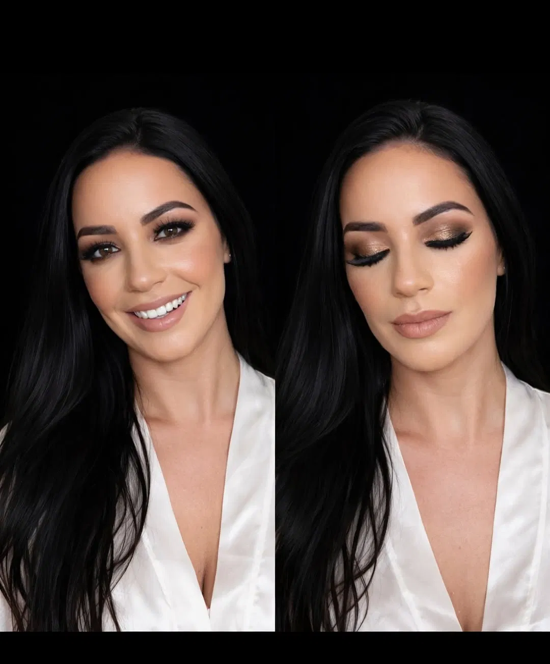 Before and after makeup on the same woman, a bare face beside a smoky eye, both in white robes.